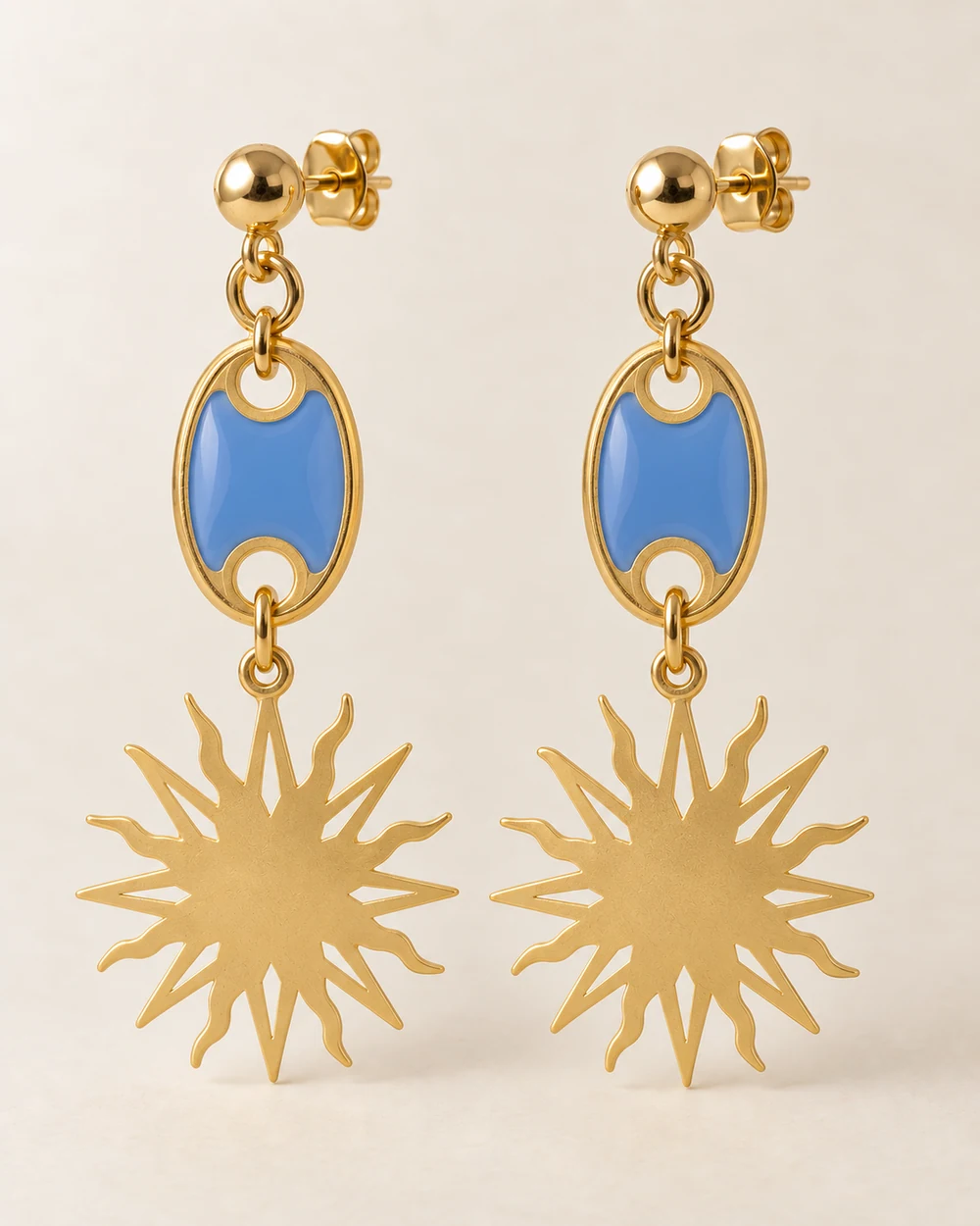 Équinoxe — Connecteur ovale bleu et soleil doré s’articulent en deux étages.