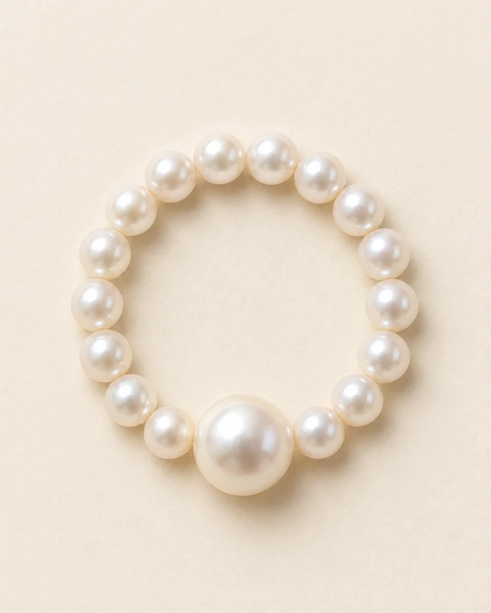 Grain — Bague souple composée de 16 perle nacrée synthétique 4 mm et 1 perle nacrée synthétique 8 mm.