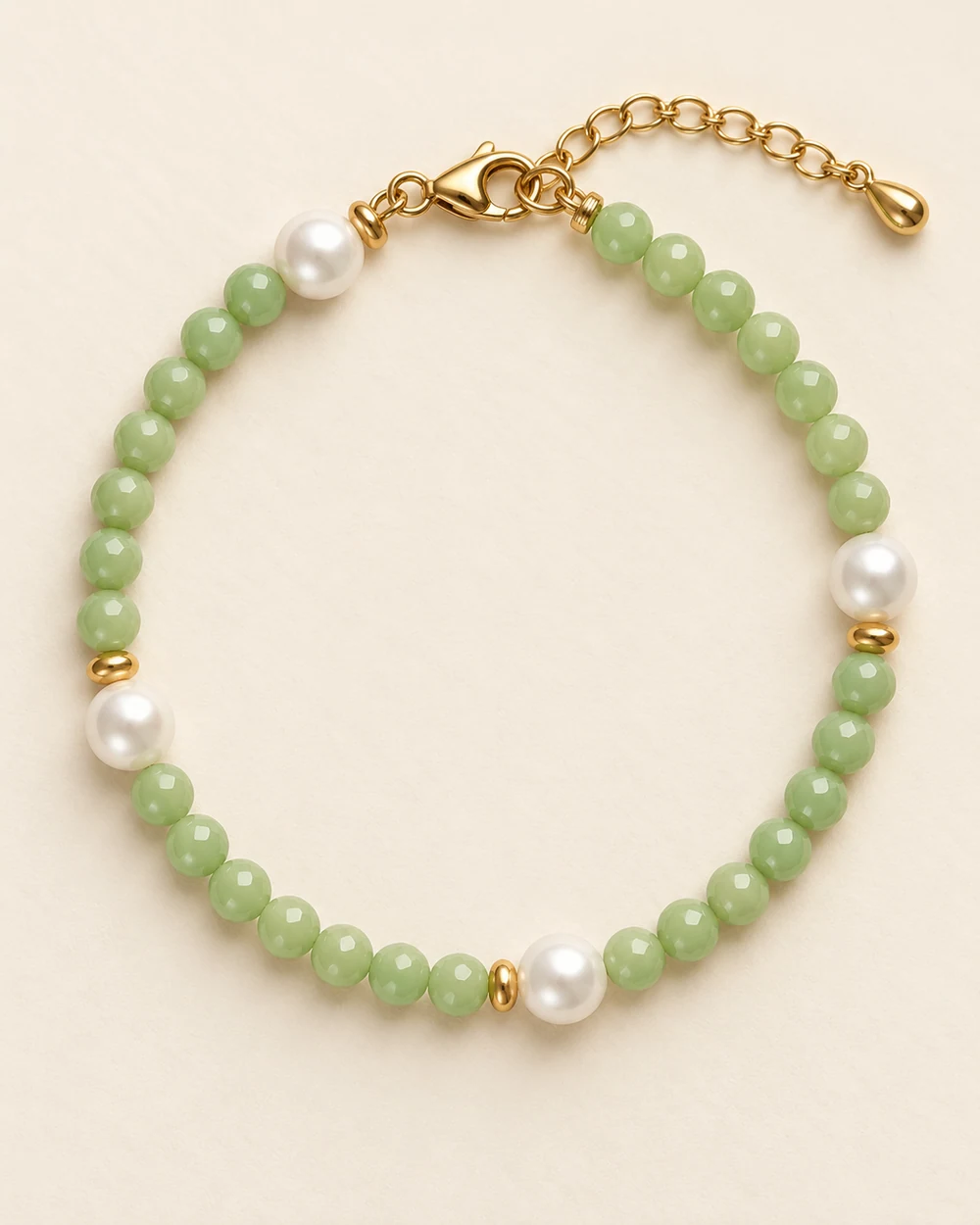 Pistache — 28 facette vert pastel 4 mm et 4 perle nacrée synthétique 6 mm et 4 intercalaire doré 2 mm.